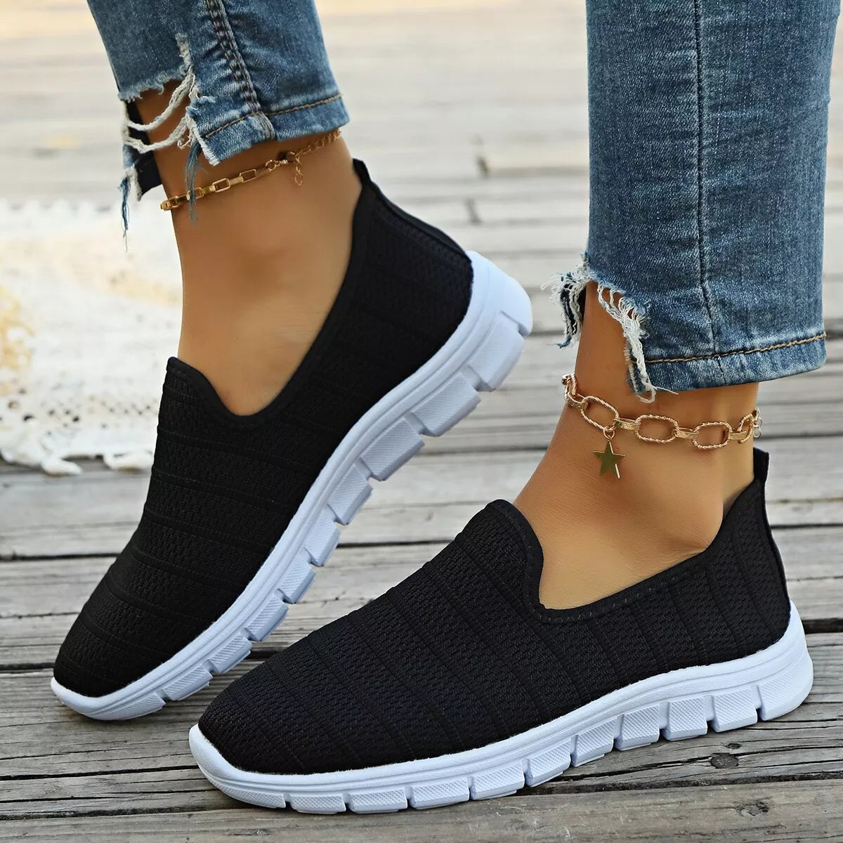 Women’s breathable mesh slip-on casual walking flats by Plush Fashion Hub, lightweight and comfortable shoe for everyday wear.