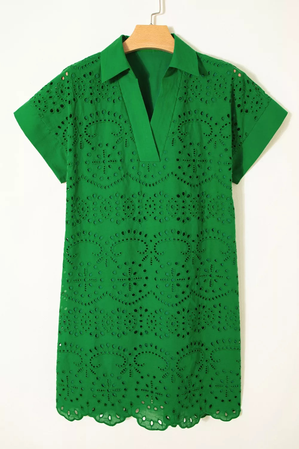 Plush Fashion Hub eyelet collared neck short sleeve dress with a fitted bodice and stylish design, perfect for casual or semi-formal wear.