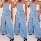 Women’s sleeveless denim jumpsuit with wide-leg pants and crew neckline by FitiqueFit, casualwear style, shown on a model.