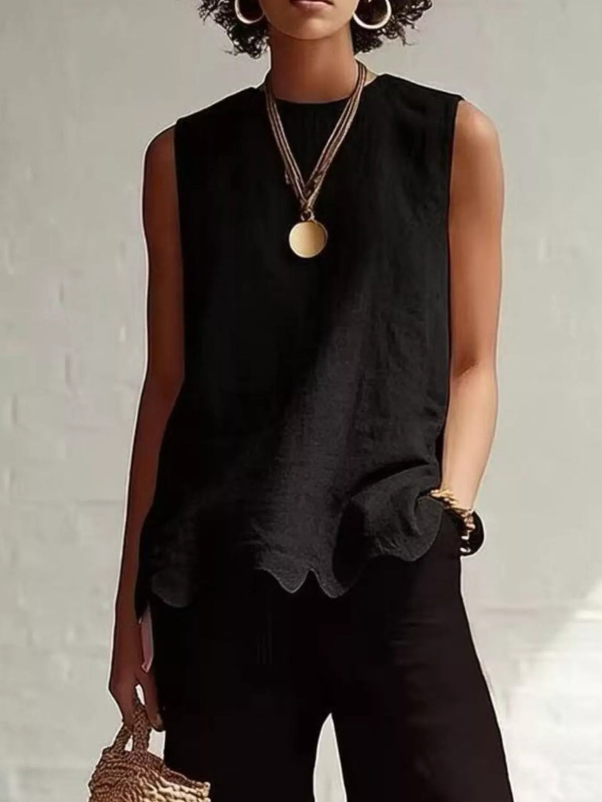 Plus size sleeveless tank top with scalloped hem from Plush Fashion Hub, shown in a full size fit with a smooth fabric finish.