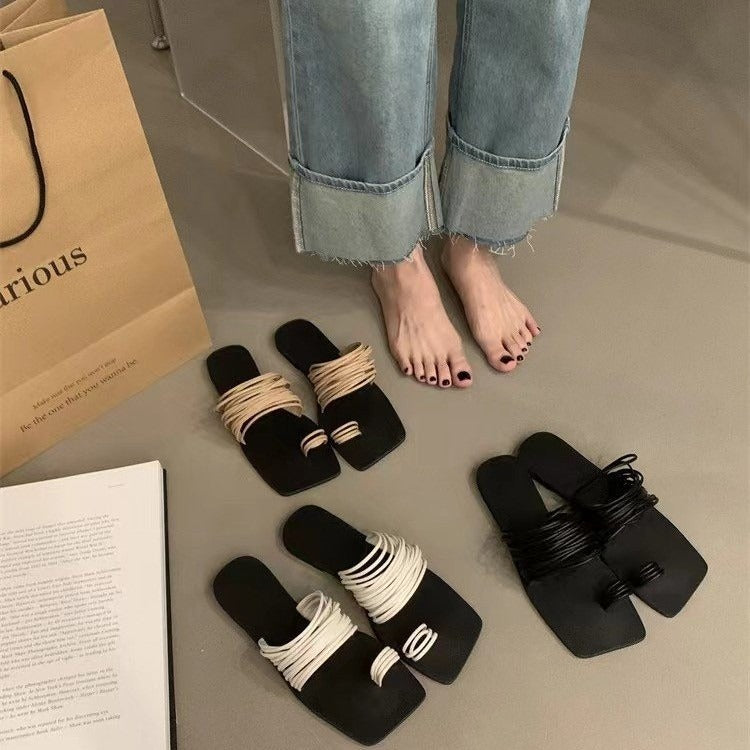 Minimalist soft leather square toe slide sandals by Plush Fashion Hub, featuring a sleek design and comfortable fit.