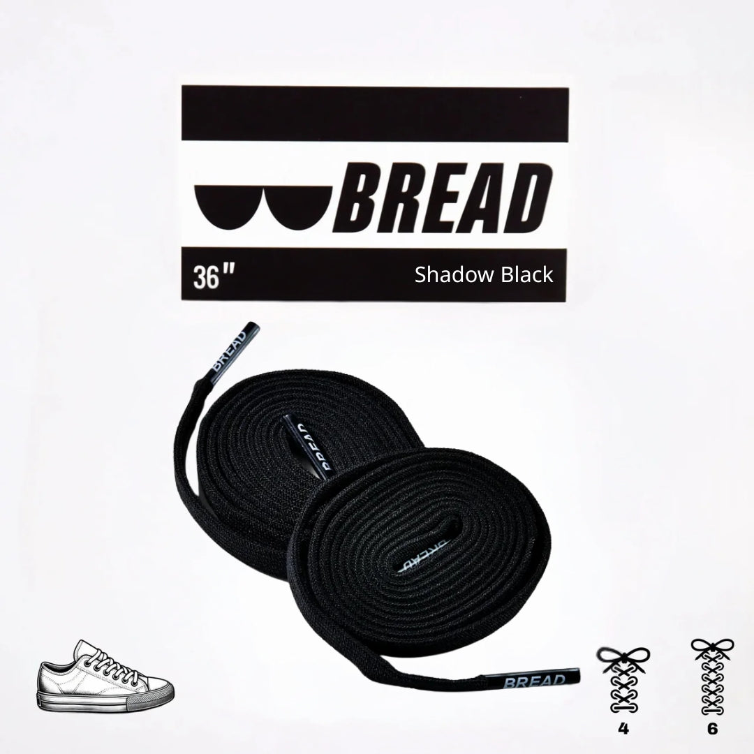 Sparkly black elastic shoelaces by Bread, designed for easy slip-on sneakers with a stylish, elastic fit.