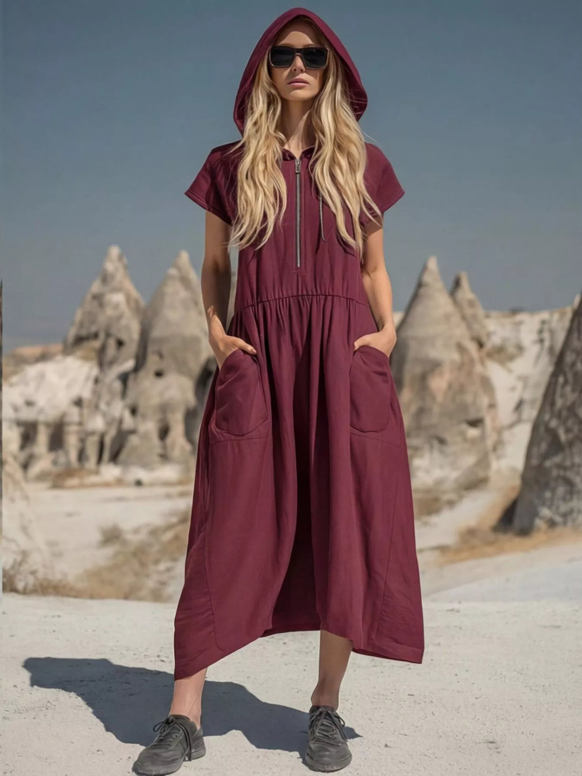 Plus size full zip hooded midi dress with pockets from Plush Fashion Hub, shown with a front view highlighting the zipper and pockets.