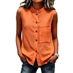 Women's sleeveless crop top with buttoned pockets in solid color, casualwear by FitiqueFit, shown on a model.
