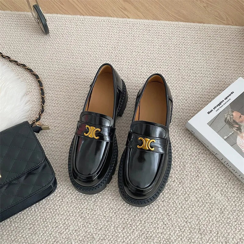 Trendsi round toe block heel loafers in black leather with sleek design, showcasing stylish footwear for women.