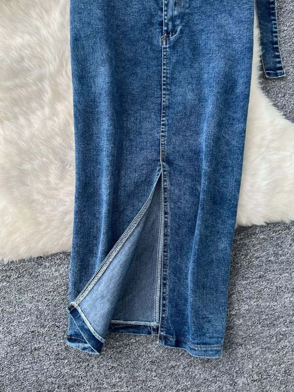 Frayed denim patchwork top and slit maxi skirt set from Plush Fashion Hub, casual two-piece denim outfit with distressed details.