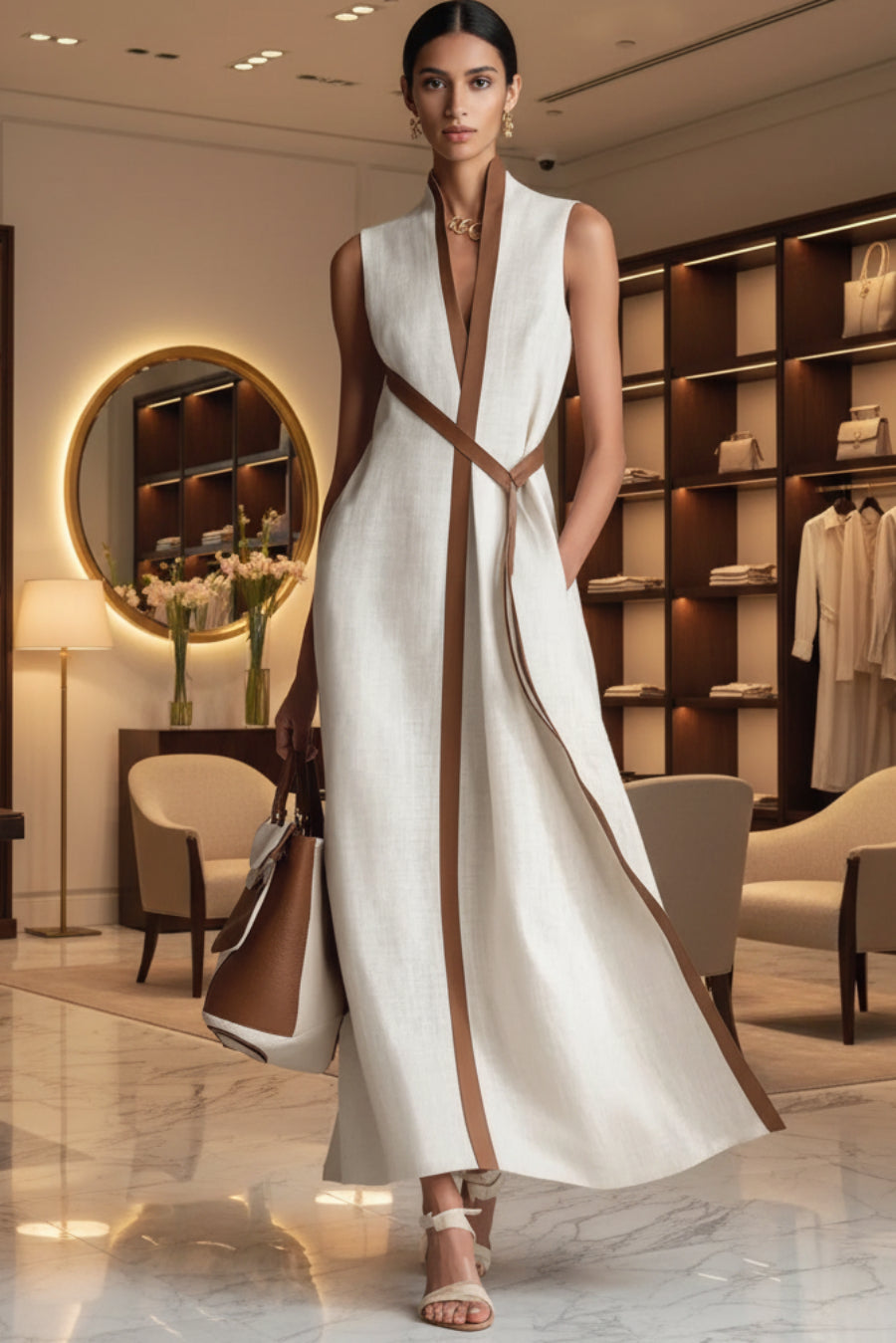 Women's Color Block Sleeveless Stand Collar Dress