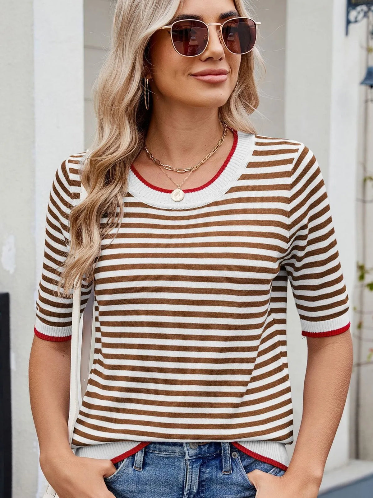 Striped casual T-shirt with contrast trim from Plush Fashion Hub, featuring a comfortable fit and stylish design.
