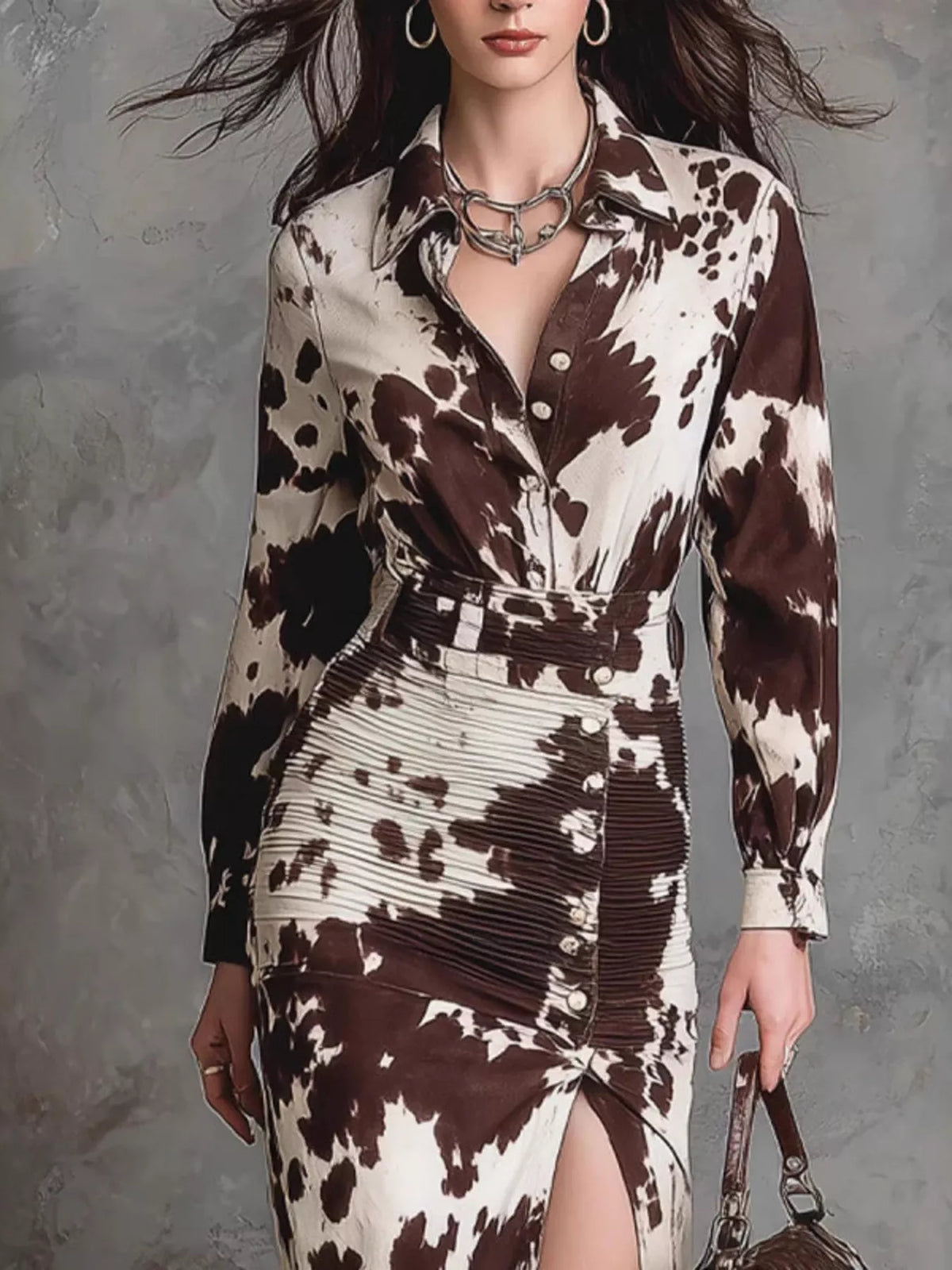 Cow print maxi dress with ruched details and a front slit, designed by Trendsi, perfect for a stylish and comfortable look.