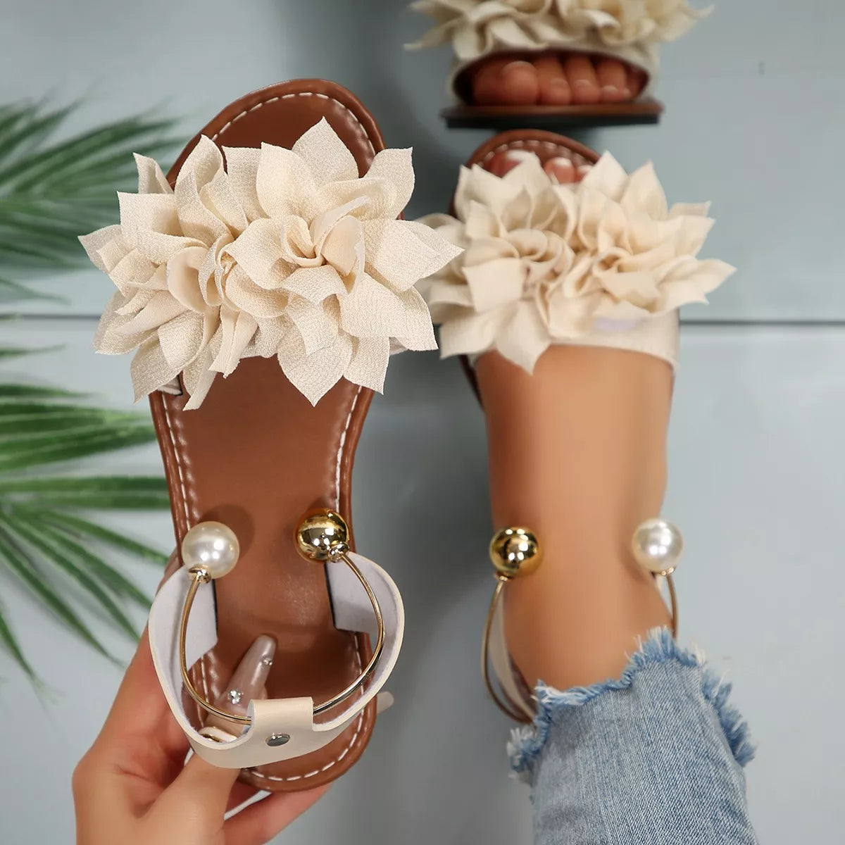 Plush Fashion Hub floral decor flat sandals with colorful flower patterns and comfortable flat sole for casual wear