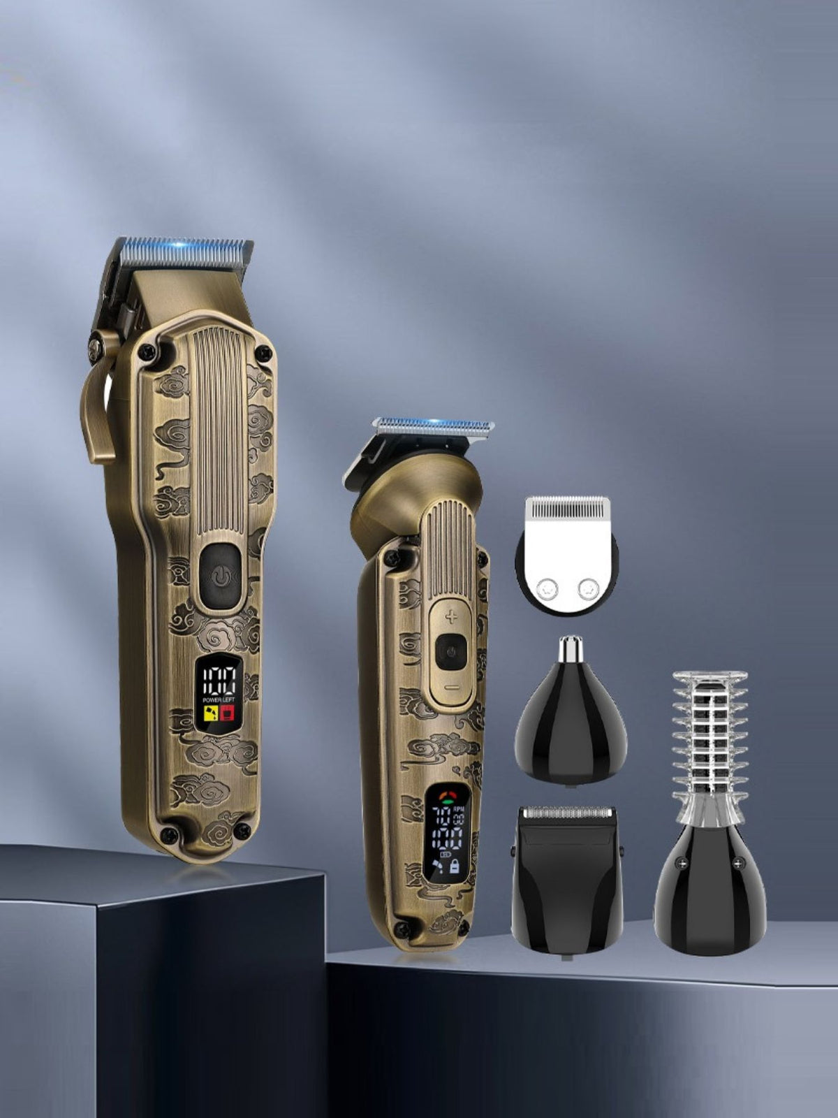 Professional 19-piece LED display hair clipper and grooming kit for men by Plush Fashion Hub, including various attachments and grooming tools.