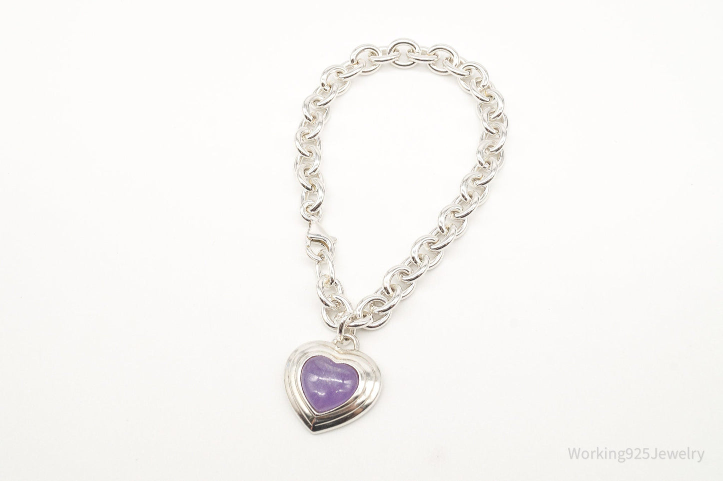 Vintage Designer CNA Lavender Jade Heart Chain Link Sterling Silver Bracelet Working 925 Jewelry