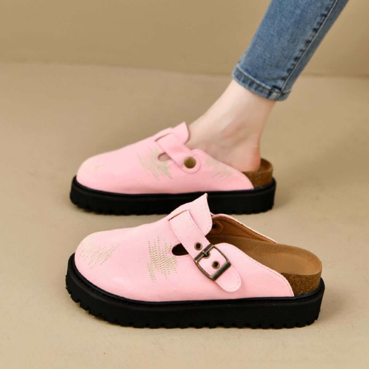 Round Toe Platform Loafers in pink suede with black sole, showcasing durability and comfort.