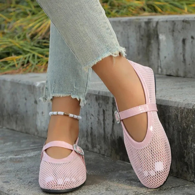 Women's breathable mesh flat summer sandals with round toe from Plush Fashion Hub, featuring comfortable open-toe design.
