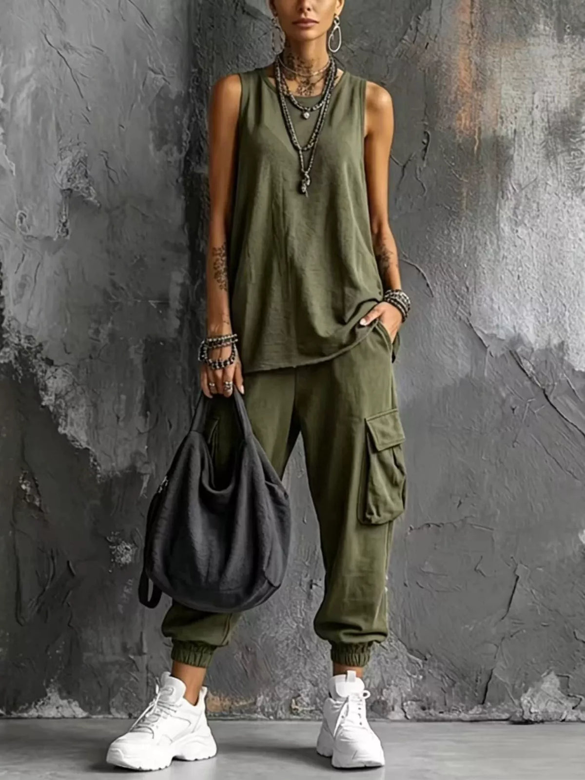 Plus size casual tank top and cargo pants set by Trendsi, featuring a comfortable, full-size coordinated outfit.