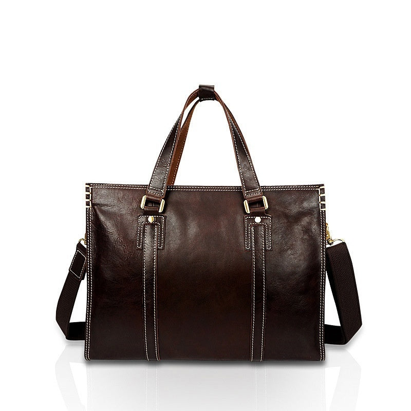 Pi-Mart first layer cowhide oily leather shoulder messenger bag with adjustable strap and classic design.