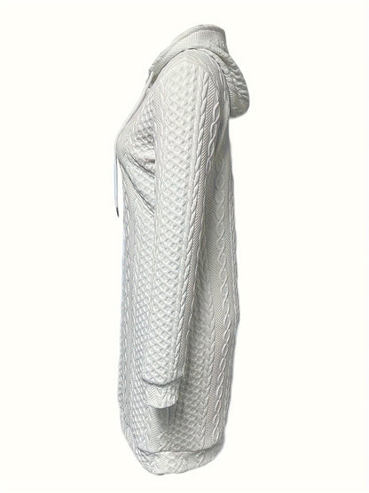 Elegant Cable-Knit Hooded Dress - Chic Long Sleeve, Knee-Length Sweater Dress for Winter - Plush Fashion Shop