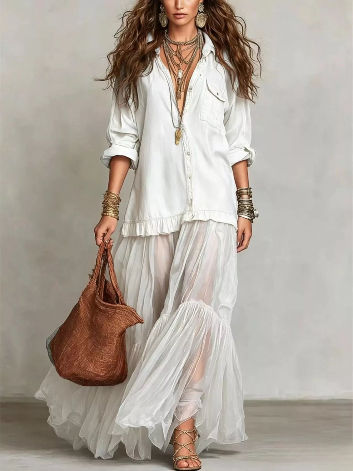 Long sleeve sheer ruffle maxi dress by Plush Fashion Hub featuring flowing fabric and elegant design.
