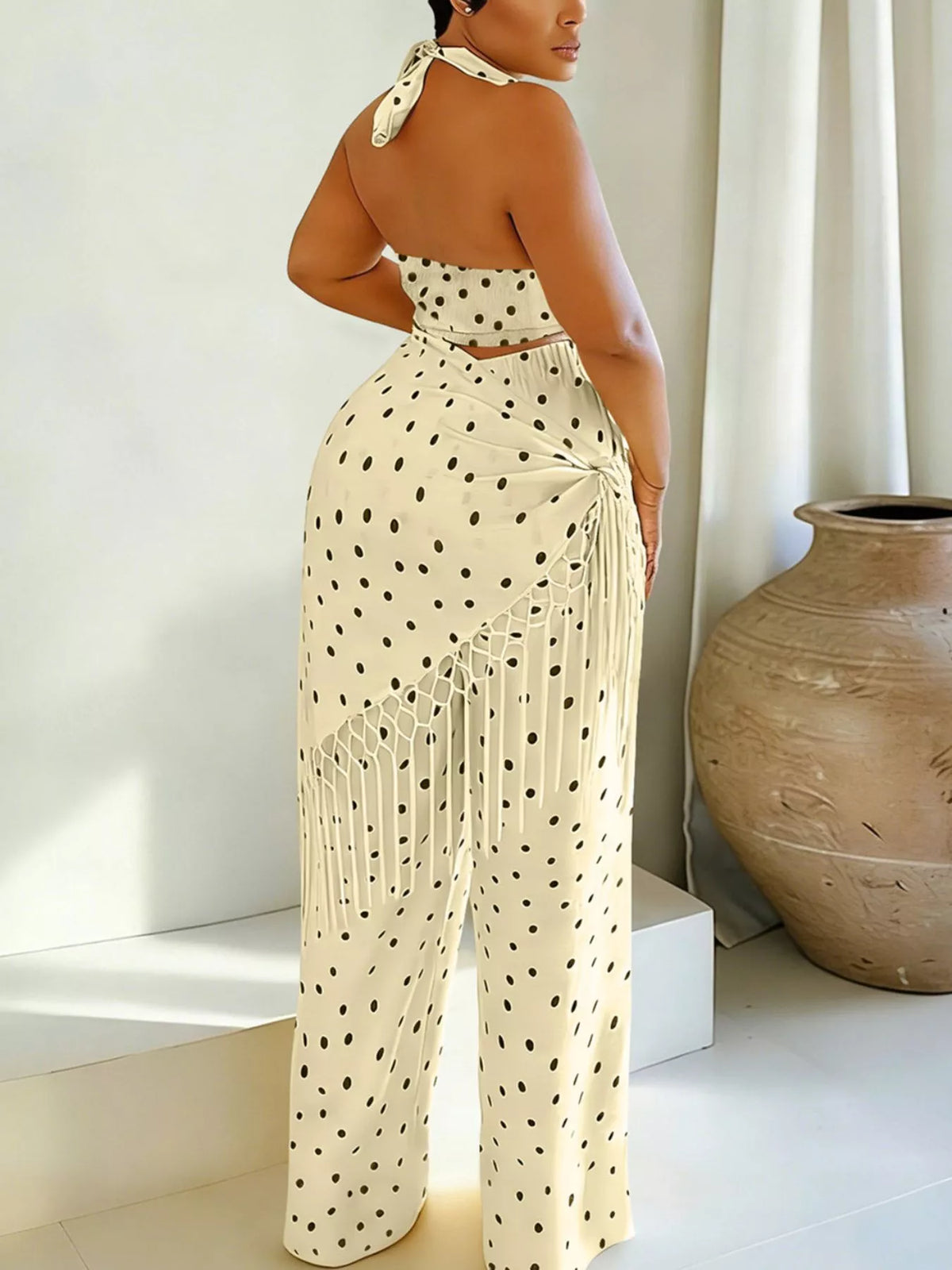Polka dot halter neck cami with fringe trim pants set by Plush Fashion Hub, featuring rings detail and stylish summer outfit.