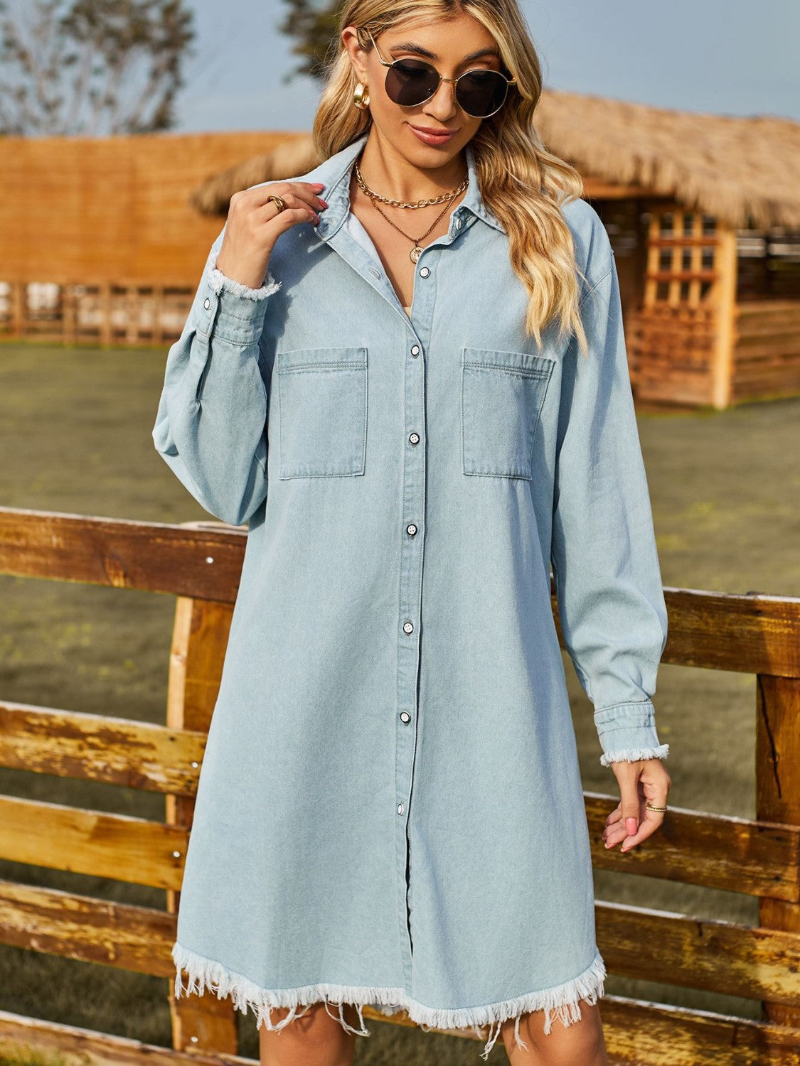 Plush Fashion Hub raw hem denim dress with collar and button details, showcasing its stylish casual design.