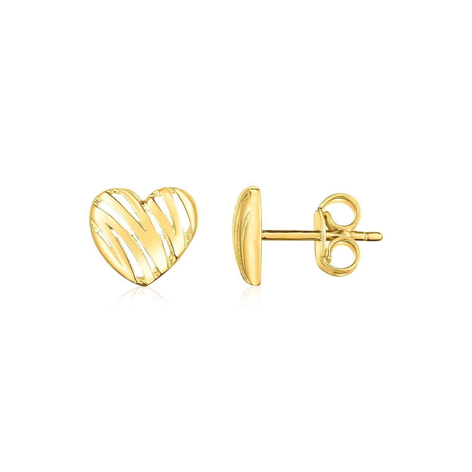 14K yellow gold high polish scribble heart stud earrings with a modern, artistic design for women.