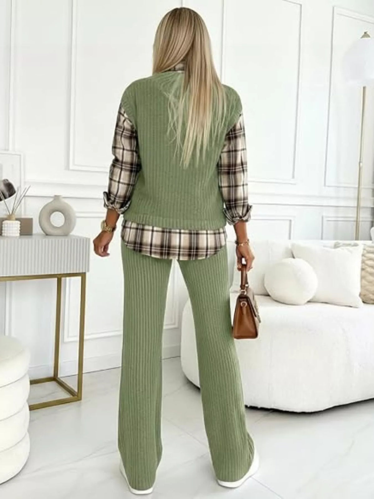 Ribbed knit plaid sleeve top and matching pants set by Trendsi, featuring a stylish, cozy design with ribbed texture and plaid details.