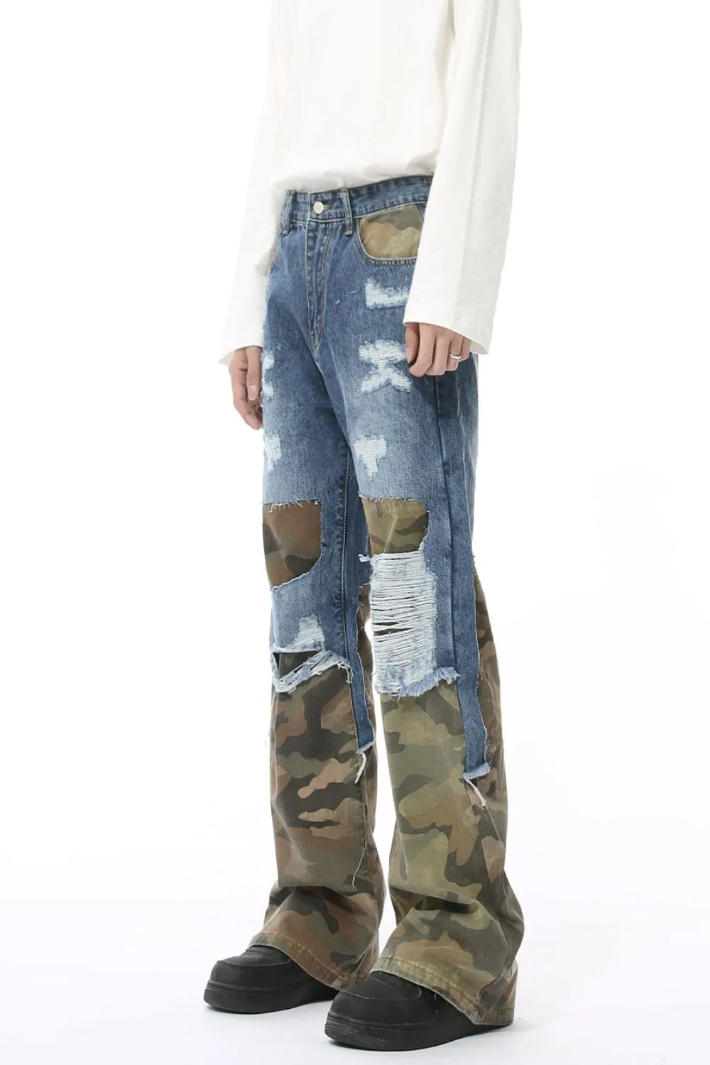 Distressed camouflage patchwork jeans by Plush Fashion Hub showing a trendy, ripped denim style with patch details and camouflage fabric accents.