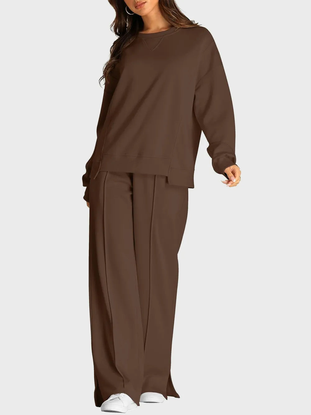 Trendsi round neck long sleeve top and slit pants set, stylish matching ensemble with a comfortable fit and modern design.