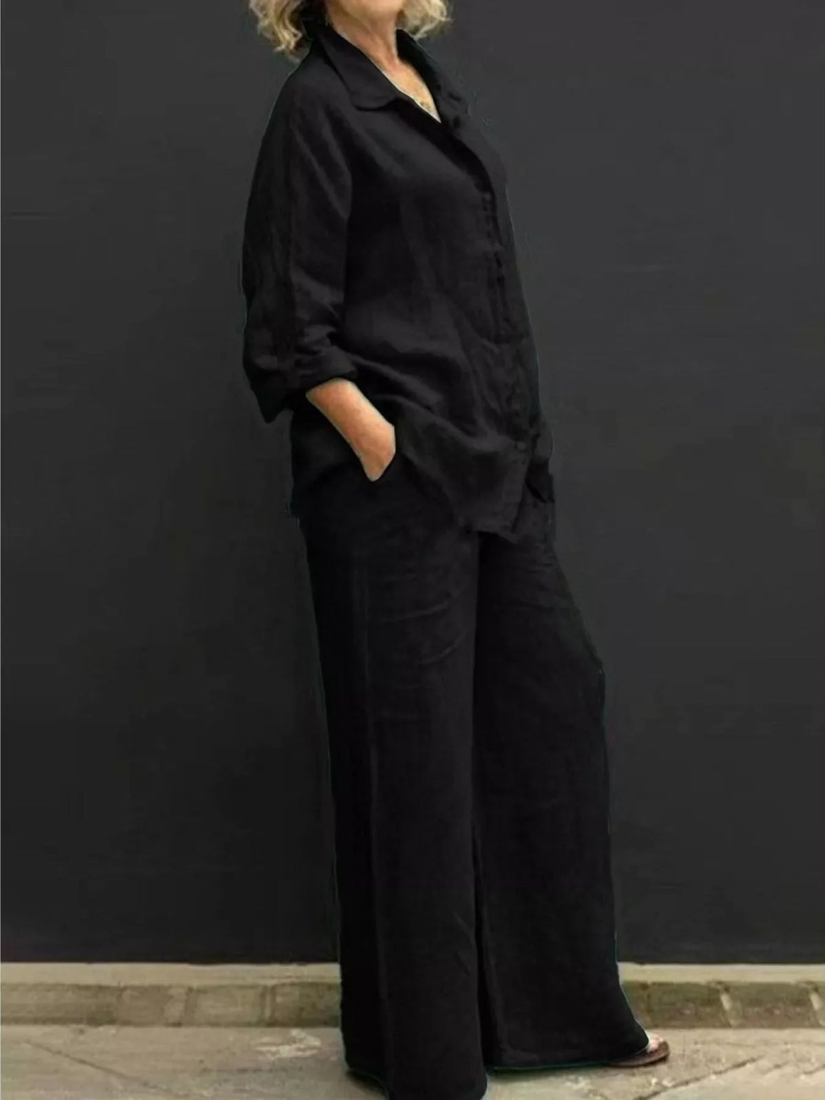 Plus size long sleeve shirt and pants loungewear set from Plush Fashion Hub, comfortable and stylish for relaxed wear.