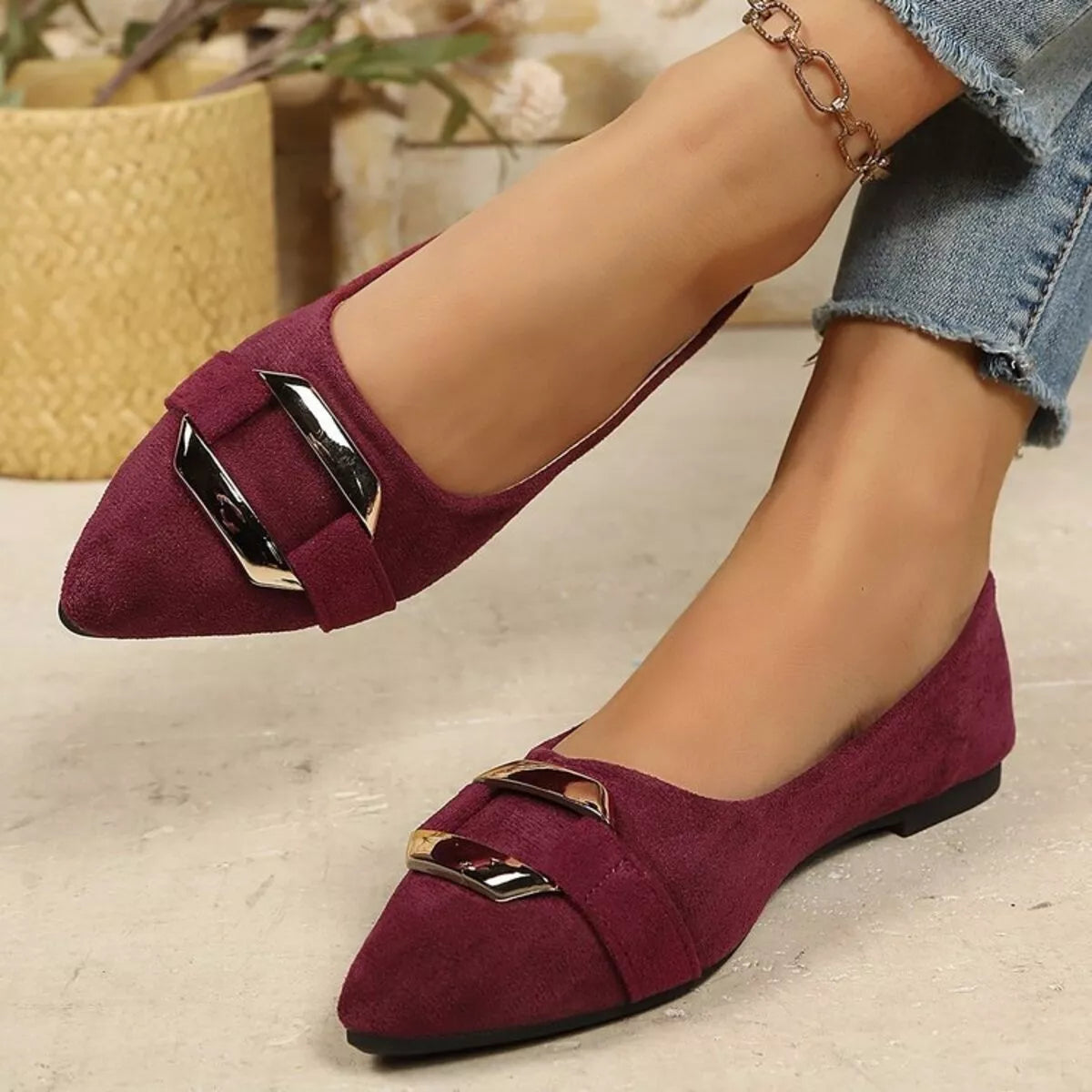 Plush Fashion Hub point toe flat slip-on sandals with plush fabric and comfortable design, ideal for casual wear.