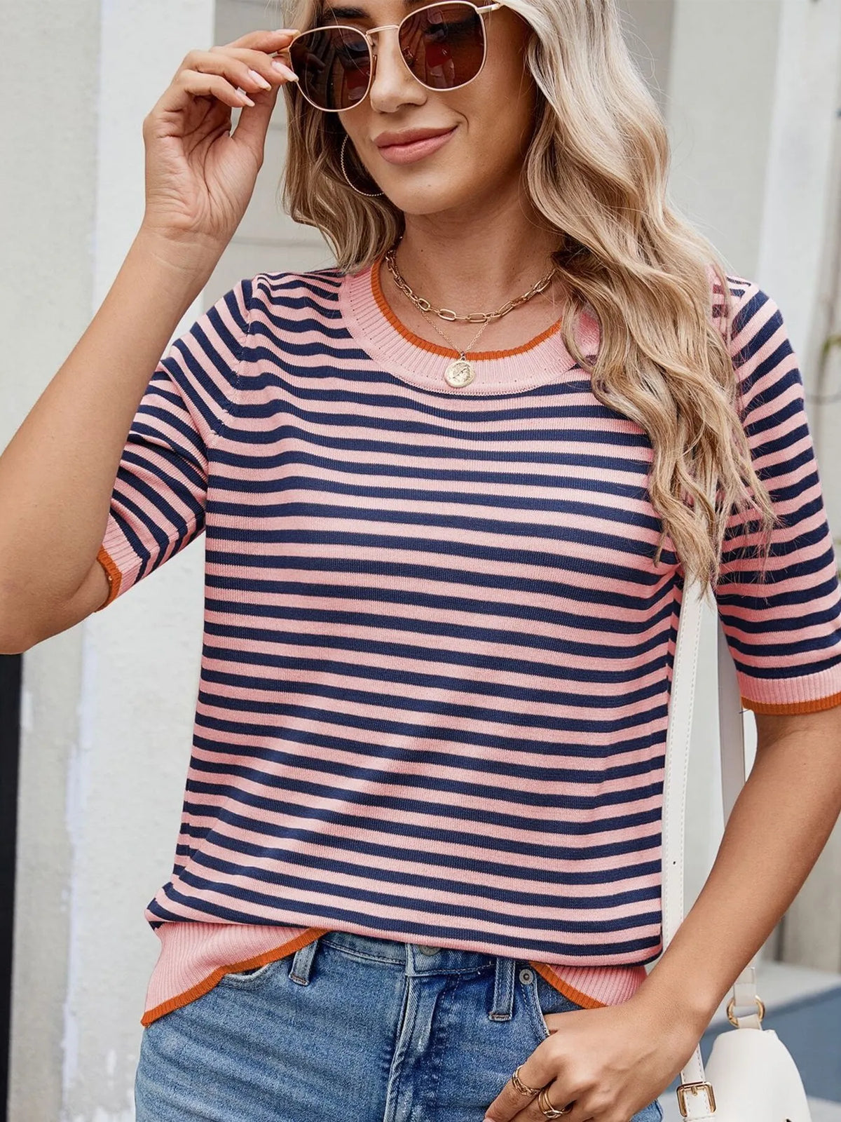 Striped casual T-shirt with contrast trim from Plush Fashion Hub, featuring a comfortable fit and stylish design.