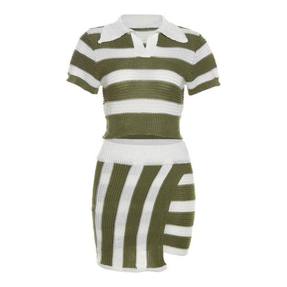 Polo Collar Short Sleeve Striped Contrast Color Fit Sheath Skirt OutfiIntroducing the "Polo Collar Short Sleeve Striped Contrast Color Fit Sheath Skirt Outfit" from Plush Fashions Shop Vintage Summer Spice collection. This street fashi2 piece skirt setPlush Fashions ShopPlush Fashion Shop