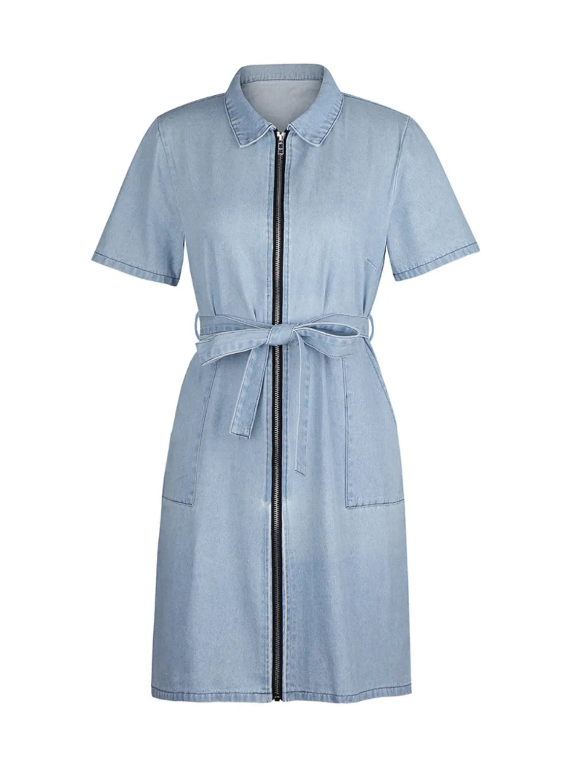 Plus size denim dress by Plush Fashion Hub with short sleeves and full zip front, displayed on a hanger.