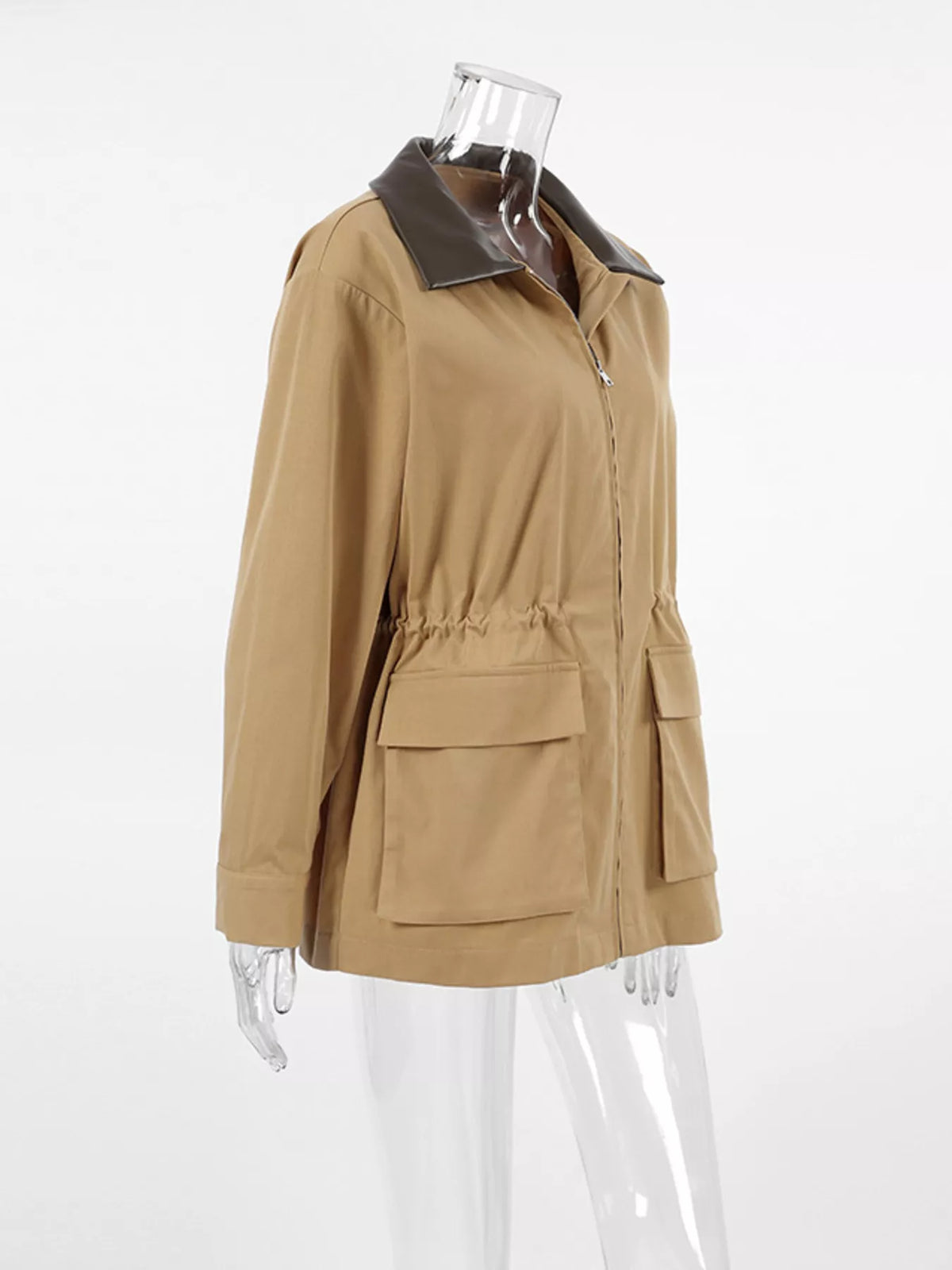 Oversized contrast collar jacket with drawstring waist by Trendsi, featuring a stylish collar and relaxed fit, shown from the front.