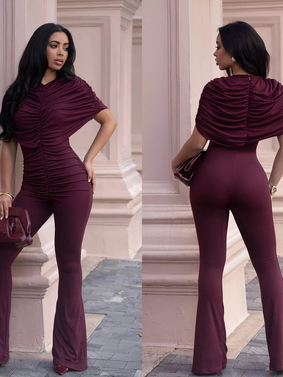 Ruched flare leg jumpsuit by Plush Fashion Hub featuring a fitted bodice and wide-leg design, stylish and comfortable for any occasion.
