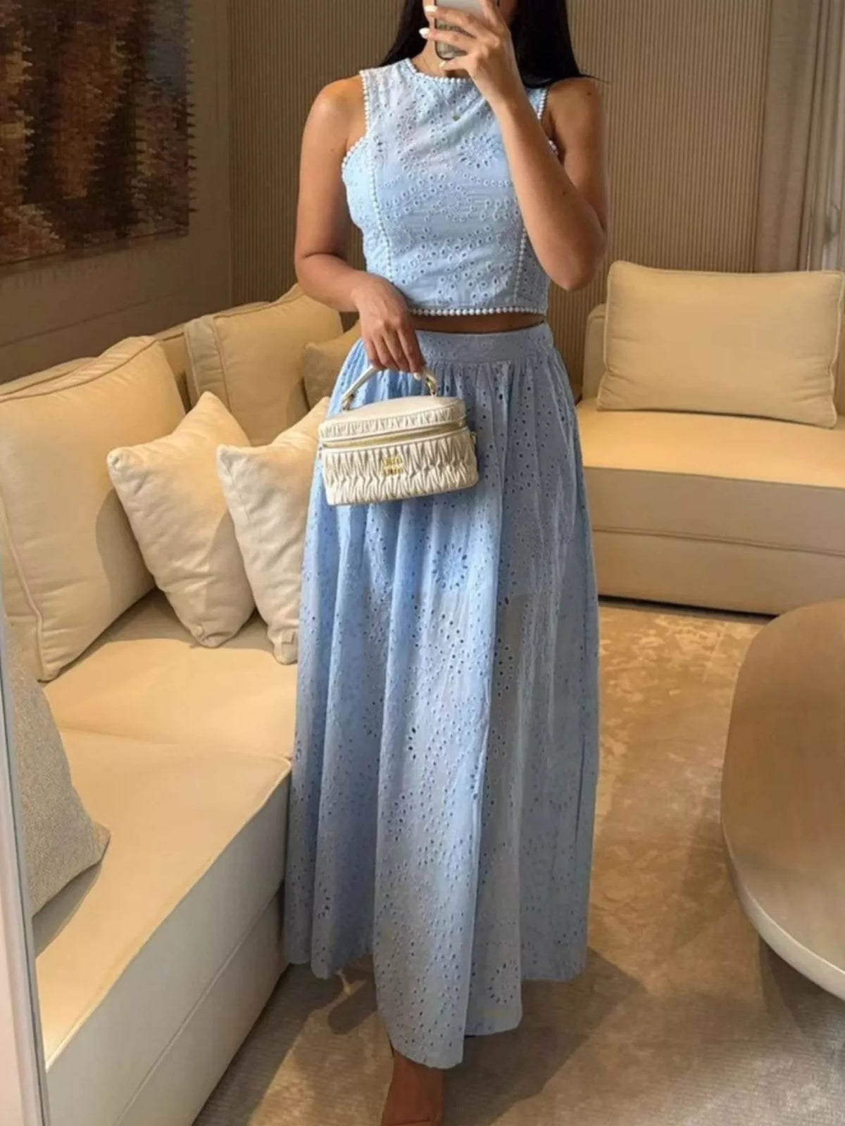 Plush Fashion Hub eyelet crop top and maxi skirt set, featuring a stylish crop top and flowy skirt with eyelet details.