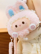 Soft plush bunny backpack by Trendsi featuring whimsical woolen design and cute bunny face, perfect for kids or playful styles.