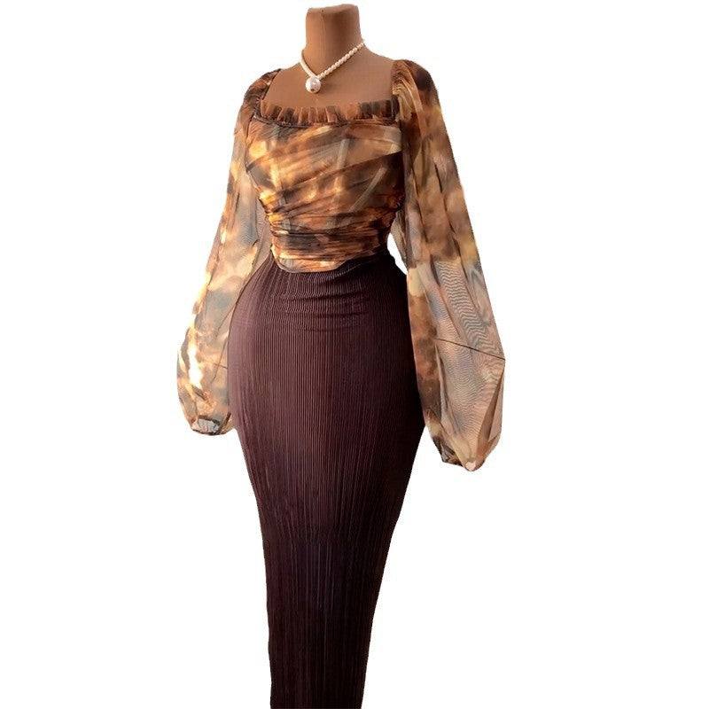Square collar lantern sleeve top and high-waisted skirt set from Plush Fashion Hub, featuring a stylish coordinated outfit.