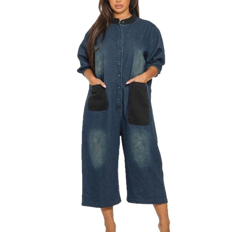 Color-block patchwork denim wide-leg jumpsuit by Plush Fashion Hub, showing the stylish design and vibrant patchwork details.