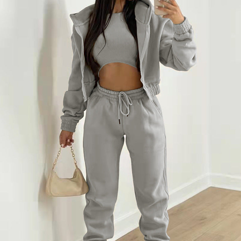 Cozy fleece-lined hoodie and lounge pants set by Plush Fashion Hub, comfortable three-piece fleece lounge sleepwear.