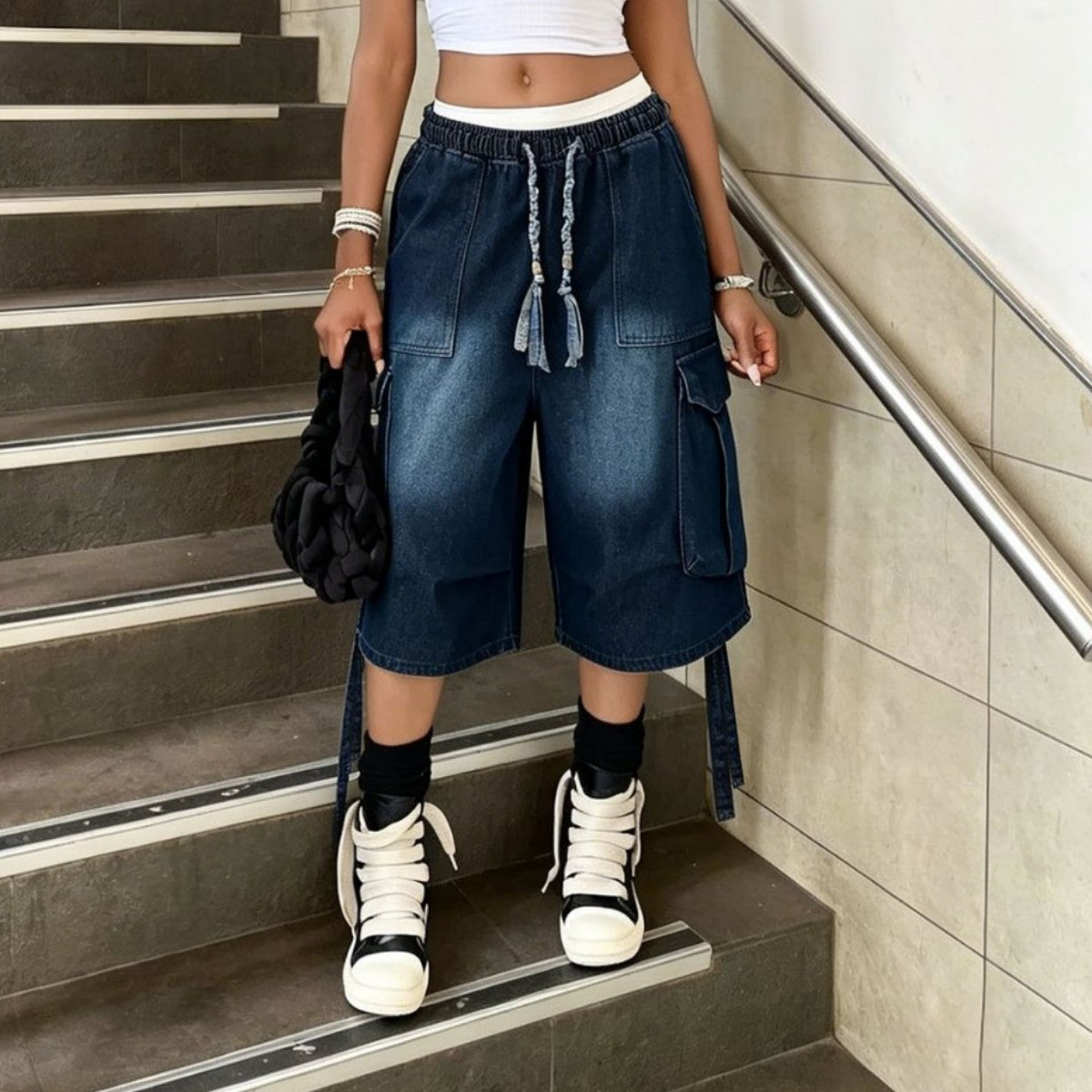 Washed denim casual pants for women by Plush Fashion Hub featuring a drawstring waist and elastic waistband for a relaxed fit.