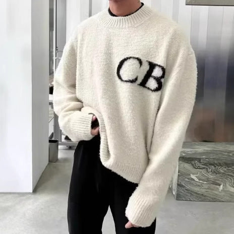 Unisex Casual Oversized CB Letter Knit Crew Neck Sweater