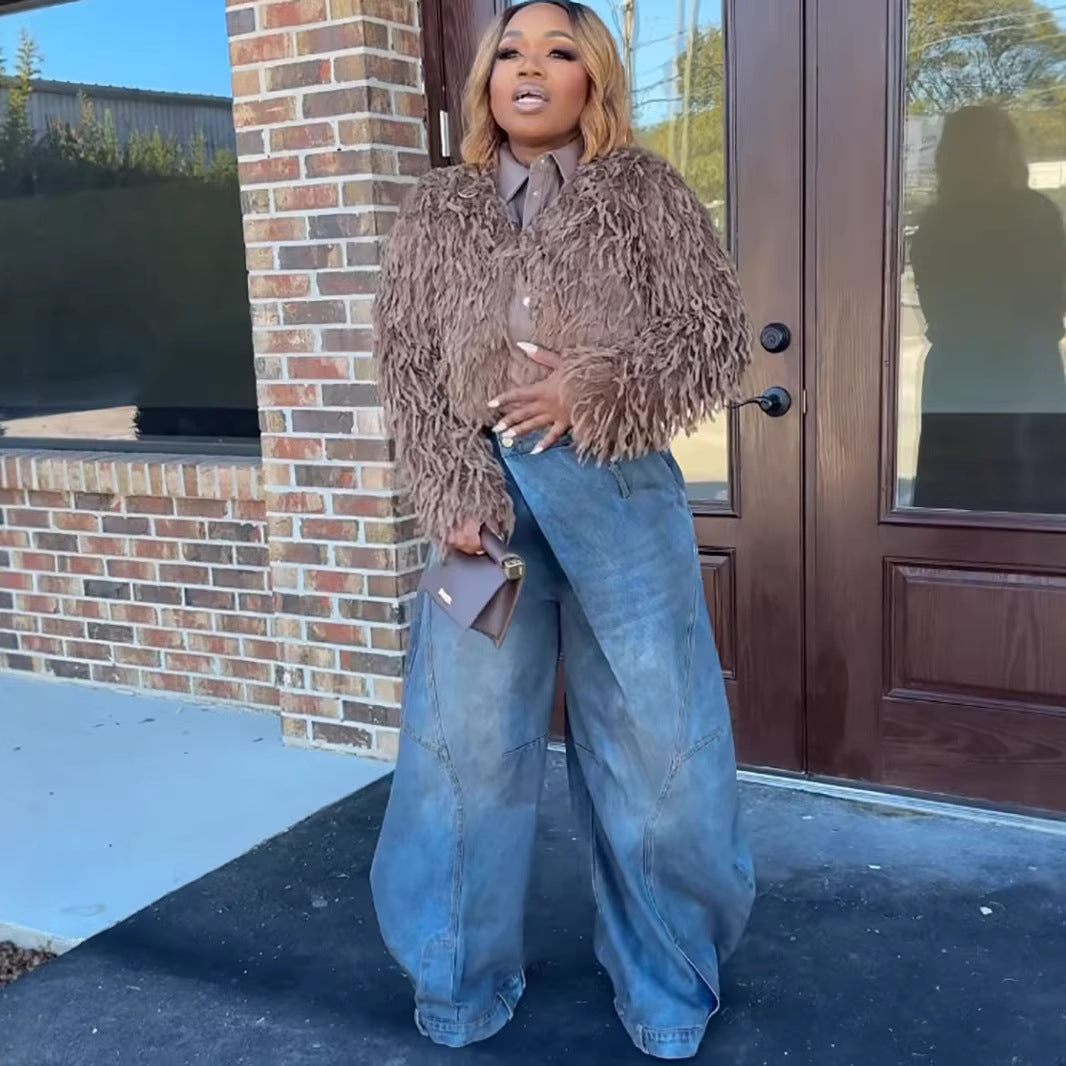 Women's Wide-Leg Denim Pants Fashion Vintage Distressed Washed Reversed Straight Leg Long Pants