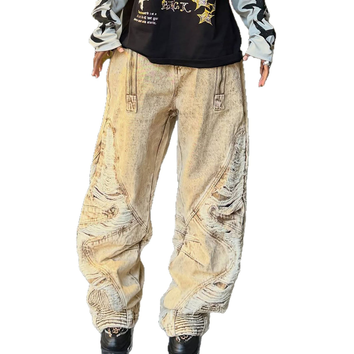 Distressed ripped jeans with an irregular hem from Plush Fashion Hub, showing casual denim style with frayed details.