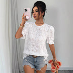 Women's loose-fit lace puff-sleeve shirt top with hollow-out design, casualwear from Plush Fashion Hub.