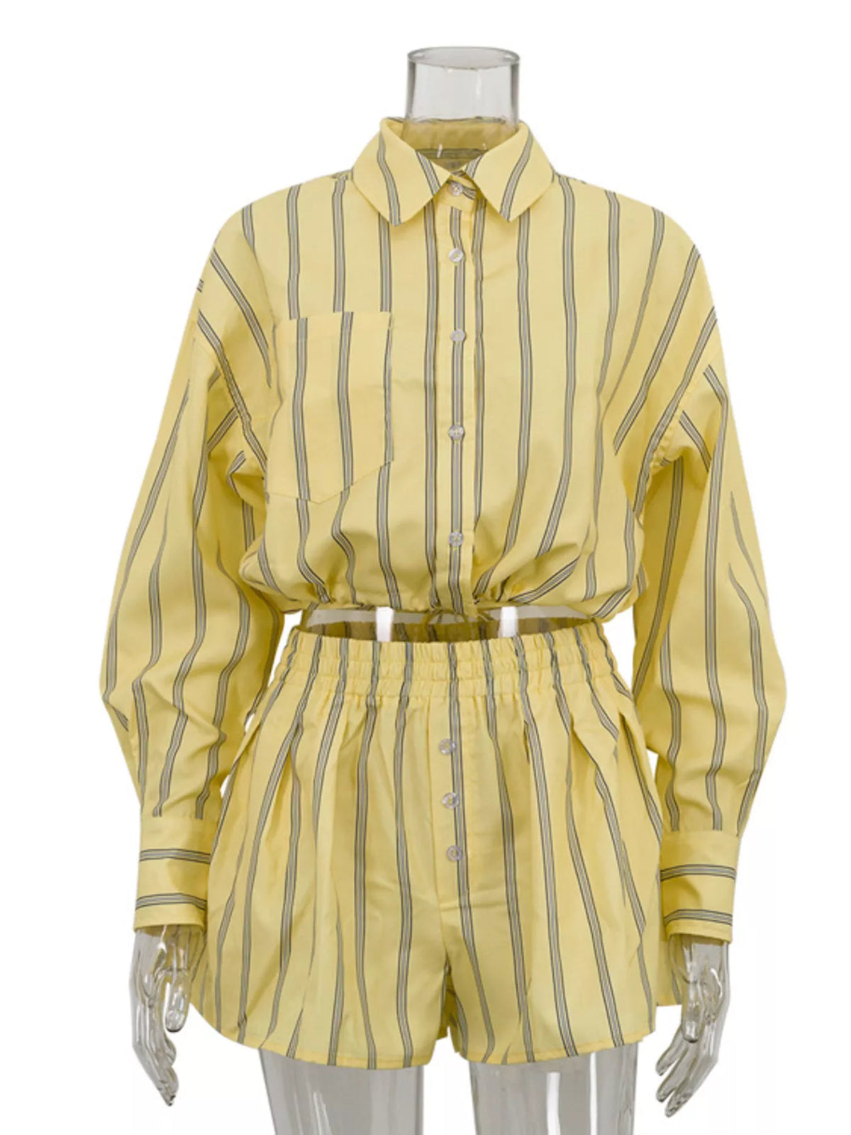 Striped button-up shirt and shorts loungewear set by Plush Fashion Hub, casual comfortable sleepwear or lounge outfit.
