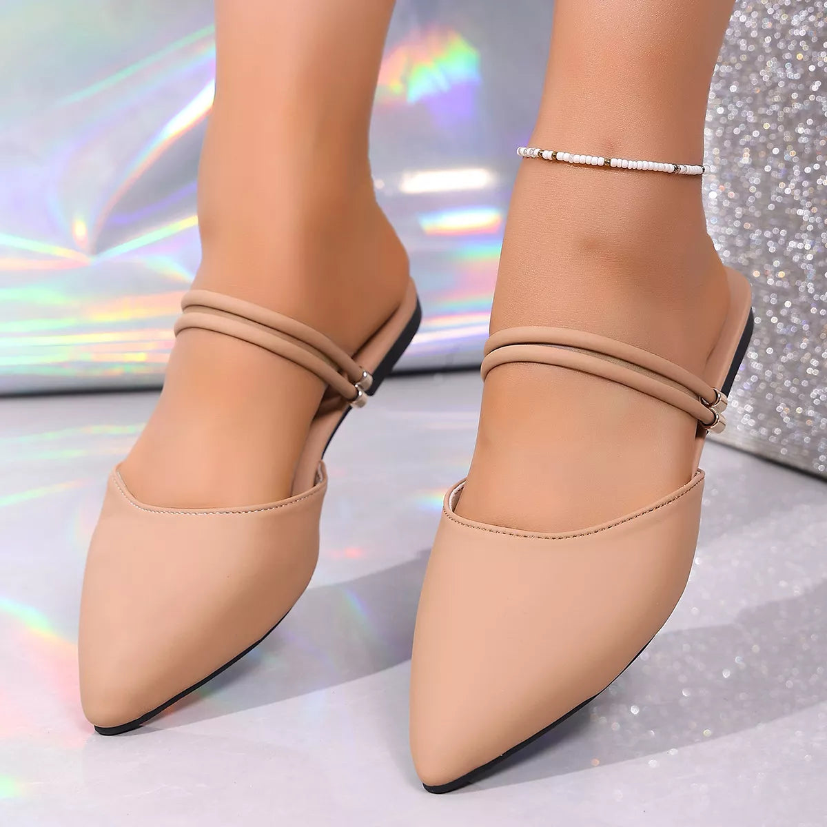 Plush Fashion Hub point toe flat sandals with plush material and sleek design, perfect for casual or summer wear.