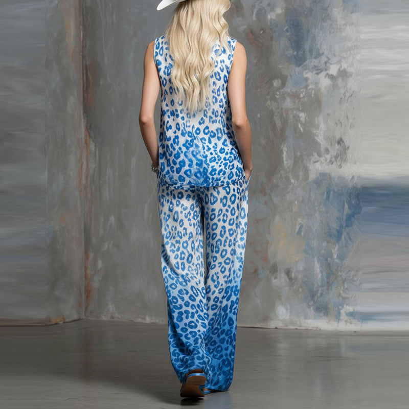 Loose-fit leopard-print sleeveless shirt and trousers two-piece casualwear set by Plush Fashion Hub, featuring a stylish, relaxed fit.