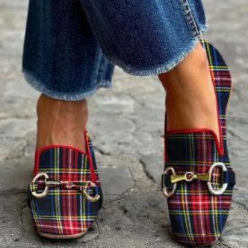 Women's plaid square toe flats by Plush Fashion Hub, casual red and blue buckle shoes with stylish comfort.