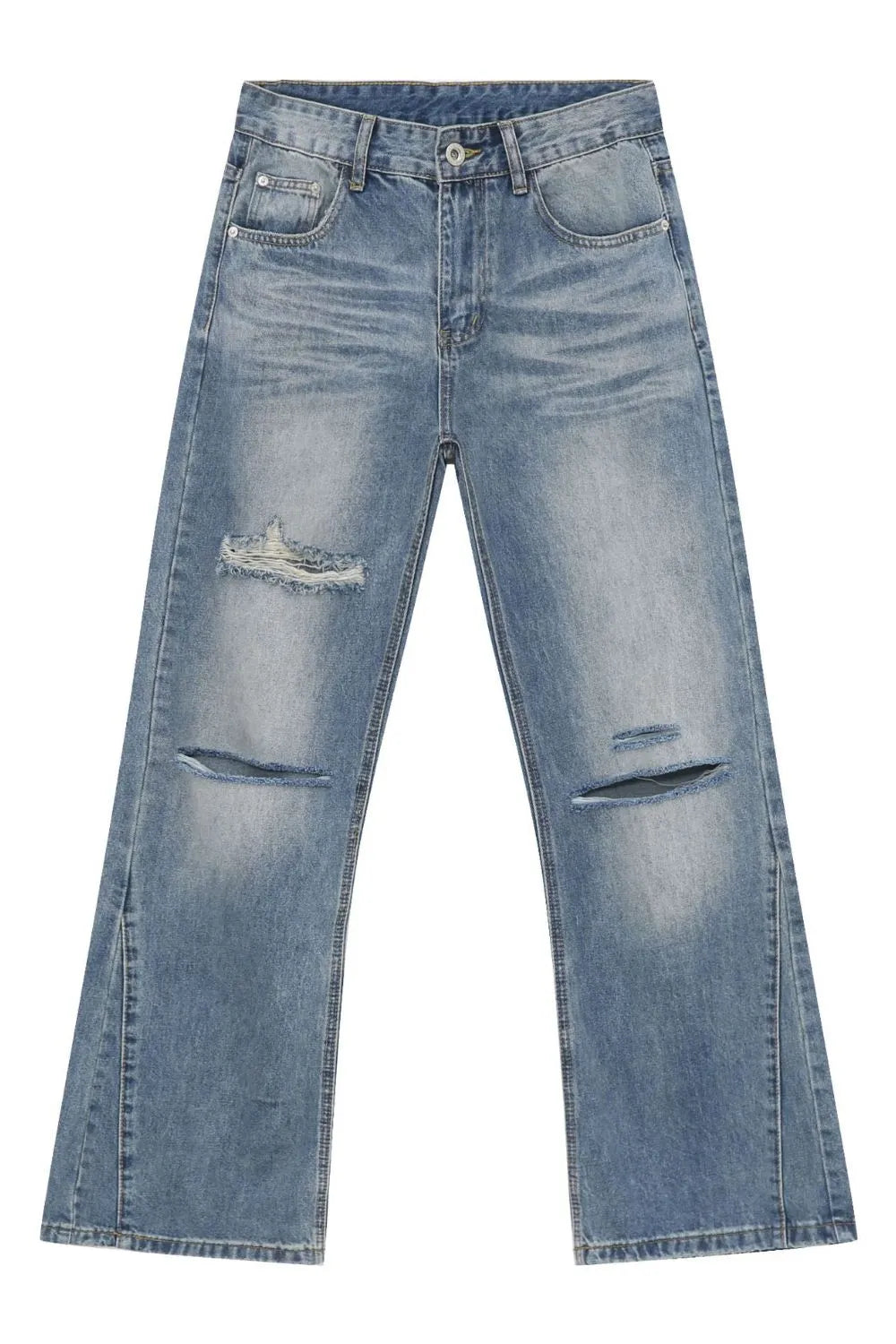 Men's distressed denim jeans by Plush Fashion Hub featuring a rugged, faded look with torn details and classic five-pocket design.